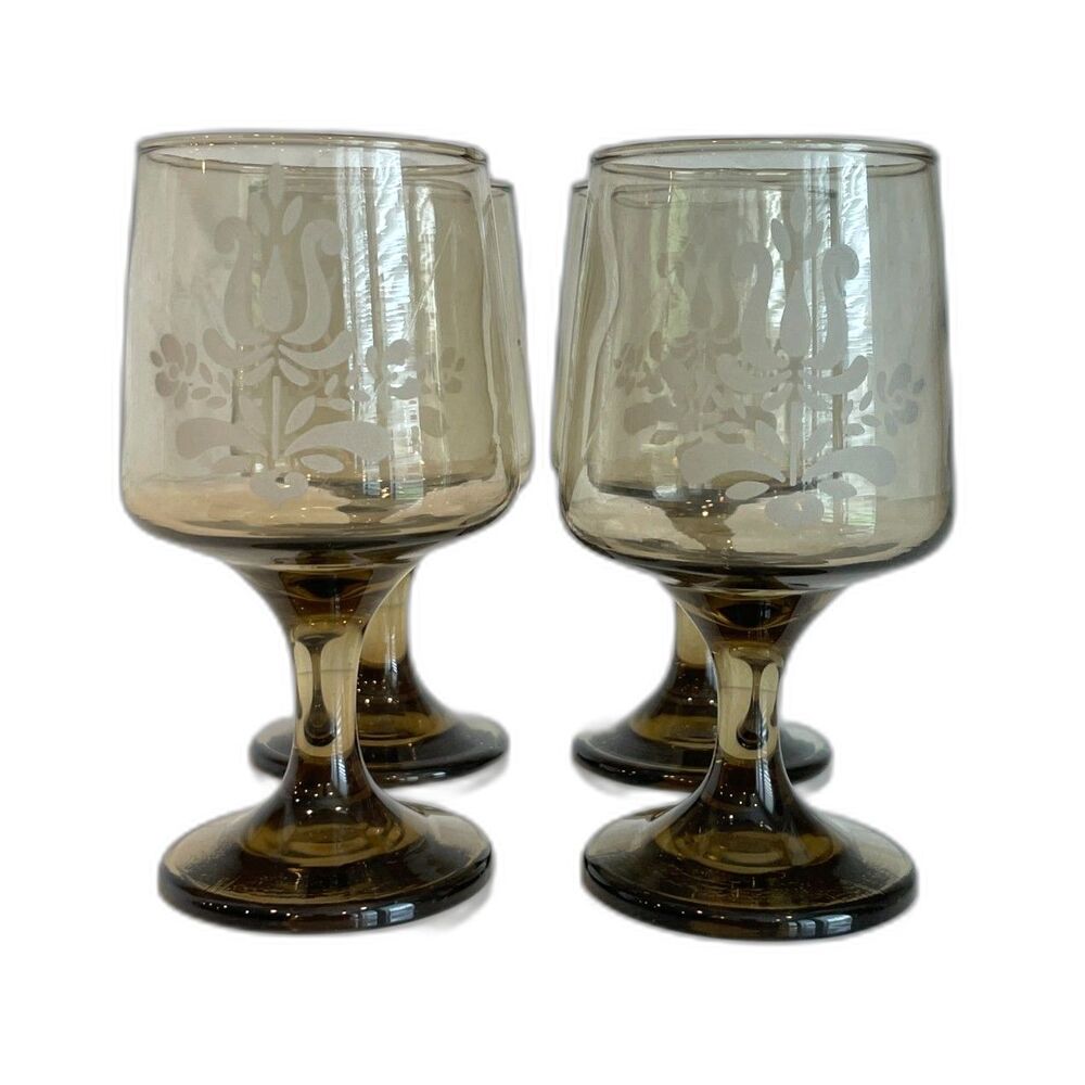 4 Pfaltzgraff Amber Brown Village Pattern Etched Stemmed Small Water/Wine Goblet
